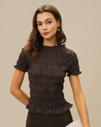 Shirred Tee in Coffee Plaid
