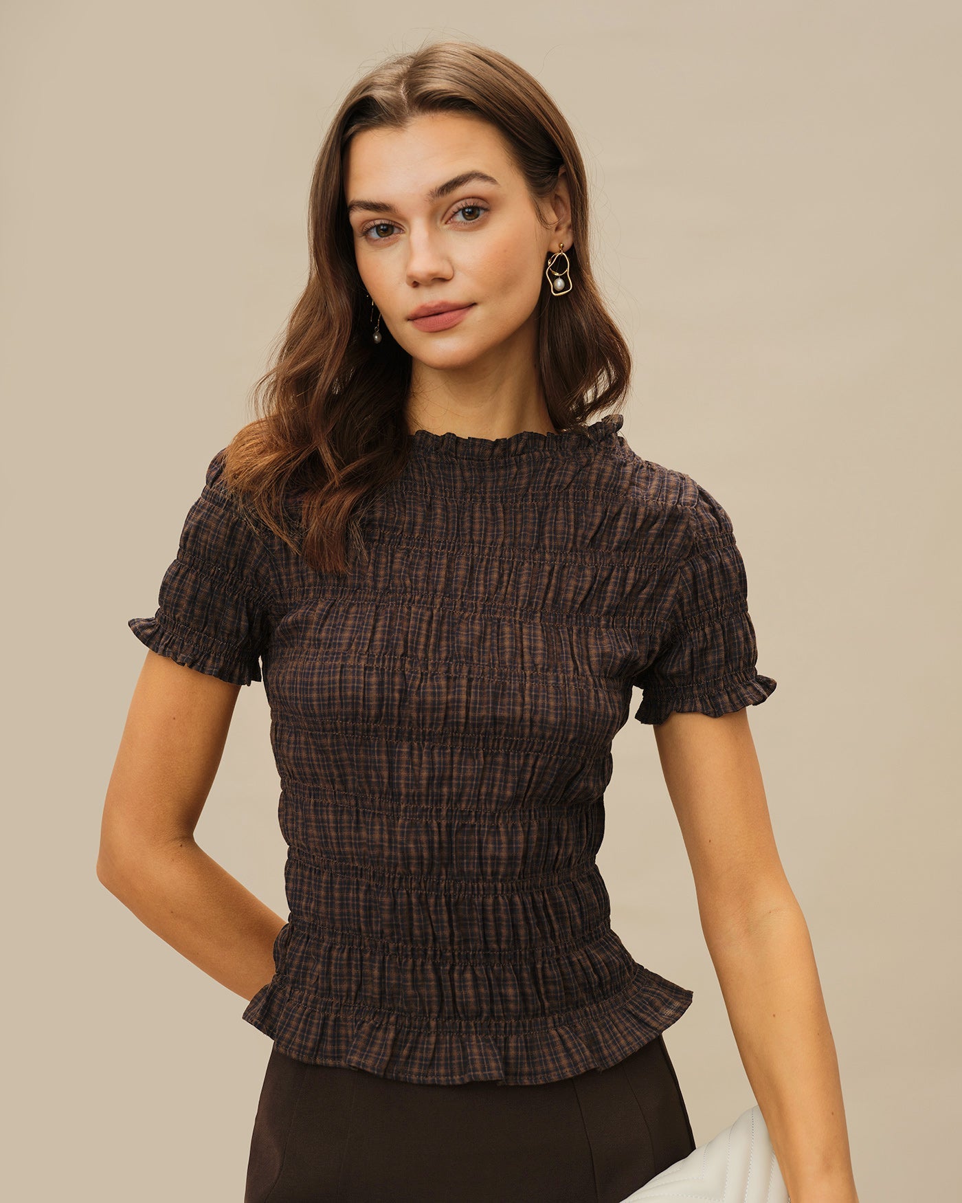Shirred Tee in Coffee Plaid
