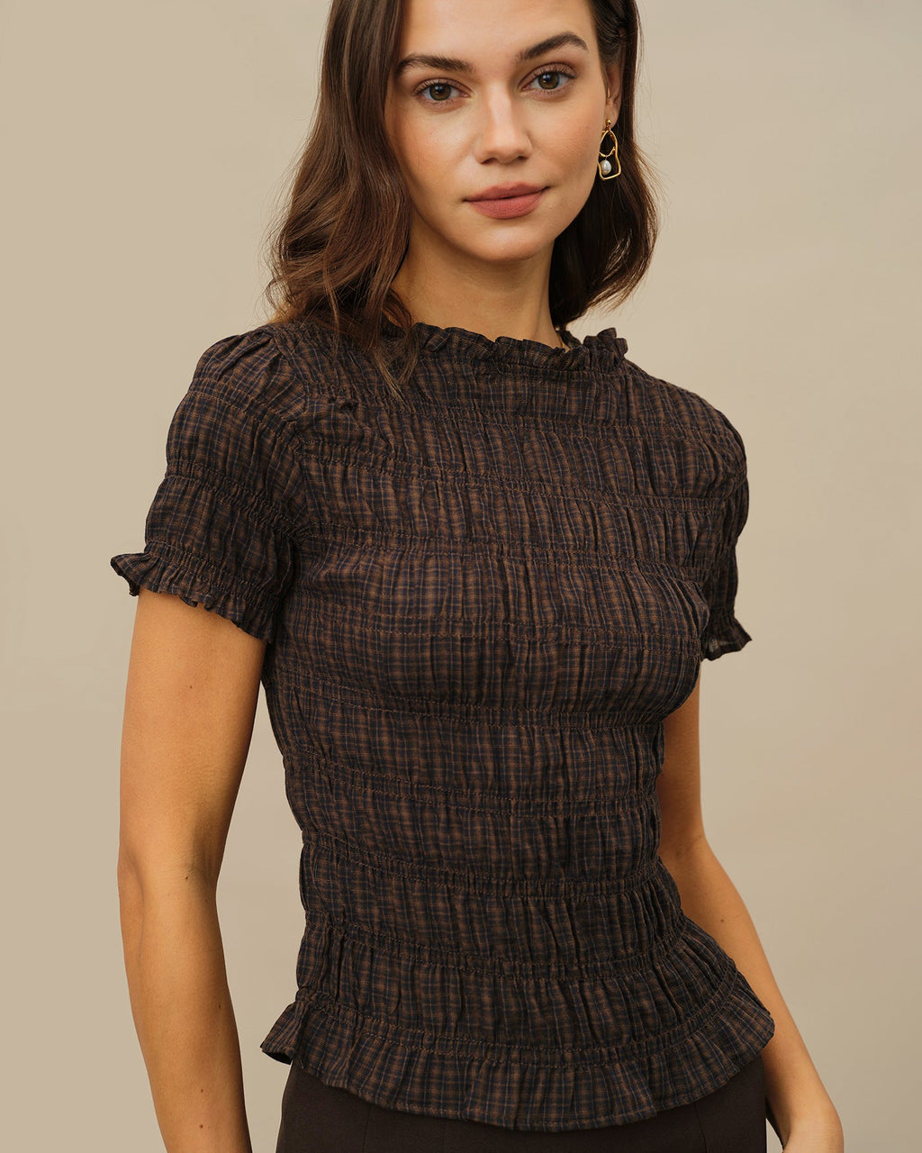 Shirred Tee in Coffee Plaid