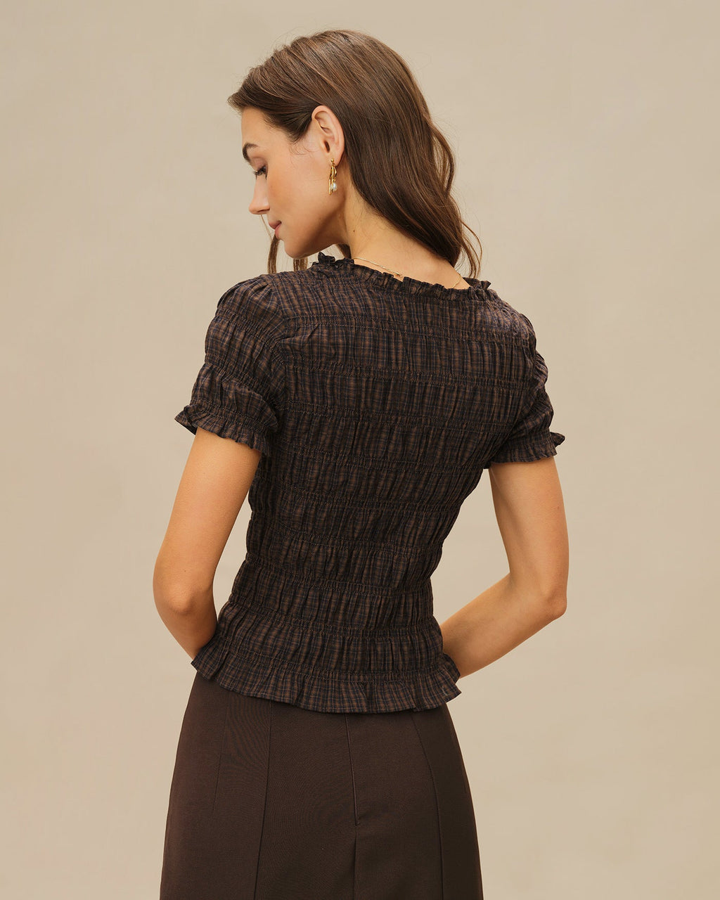 Shirred Tee in Coffee Plaid