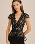 Black Lace Button Blouse with V-Neck