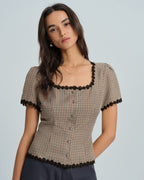 Plaid Square Neck Blouse in Coffee