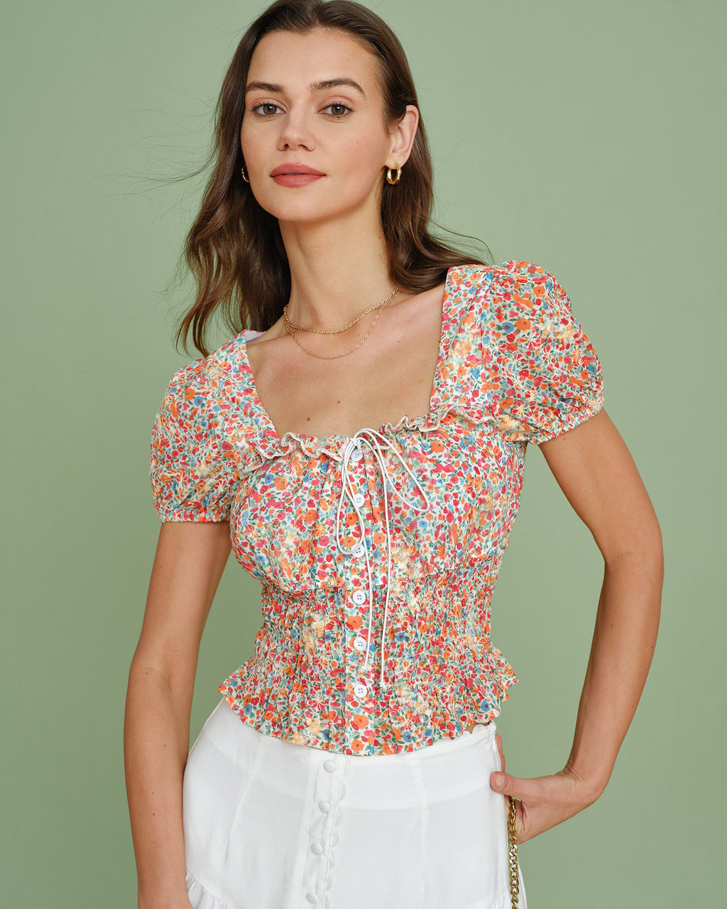 Floral Print Square Neck Blouse with Puffed Sleeves