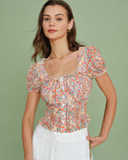 Floral Print Square Neck Blouse with Puffed Sleeves