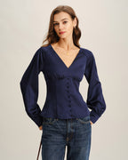 Navy Satin V-Neck Ruched Top