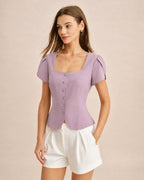 Purple Square Neck Blouse with Petal Sleeves