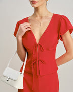 Crimson V-Neck Tie Blouse
