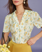 Floral Blouse with Puffed Sleeves and Yellow Collar