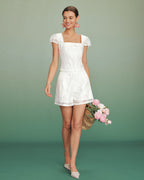 White Jacquard Blouse with Square Neckline