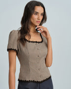 Plaid Square Neck Blouse in Coffee