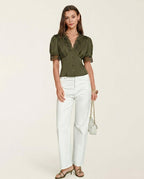 Green Lace Blouse with V-Neck and Puffed Sleeves