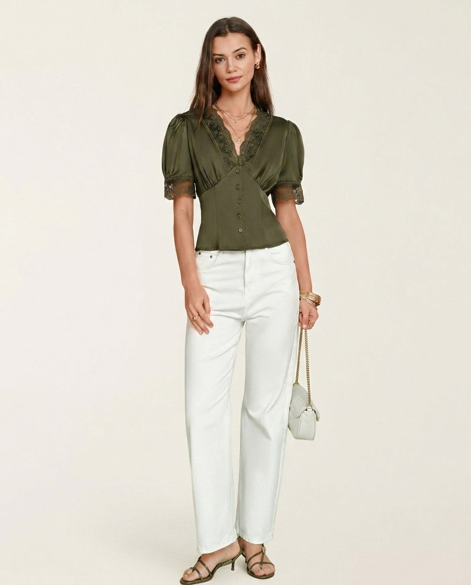 Green Lace Blouse with V-Neck and Puffed Sleeves