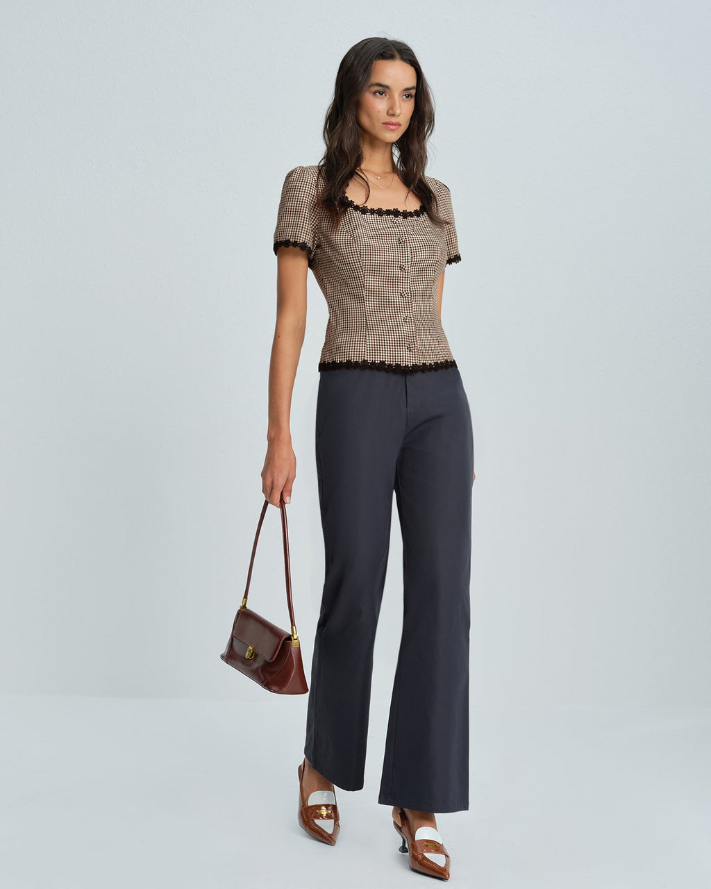 Plaid Square Neck Blouse in Coffee