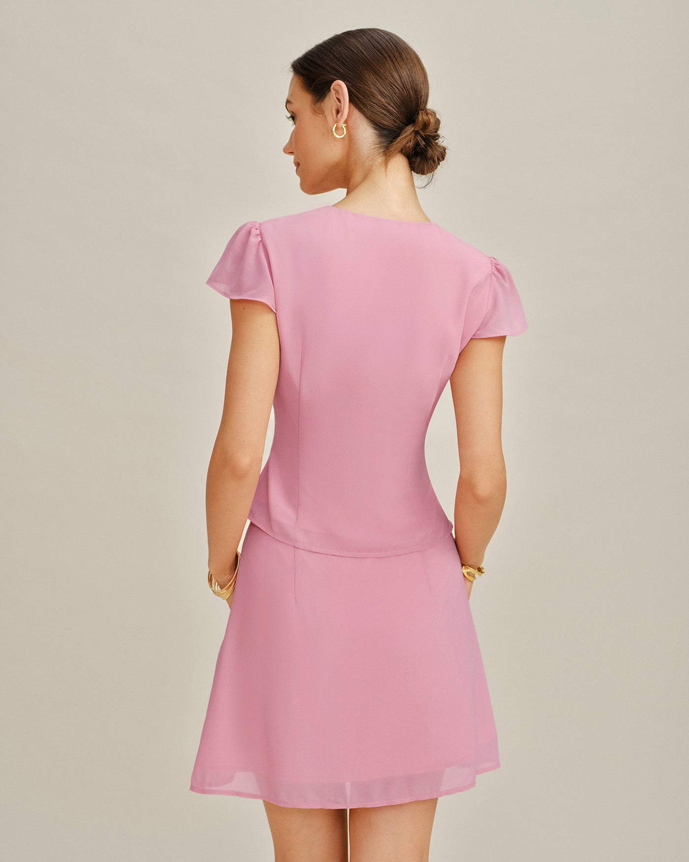 Chiffon Blouse with Pink Cut-Out Button Details