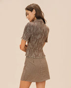 Brown Plaid Blouse with Button Collar