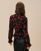 V-Neck Blouse with Black Floral Print