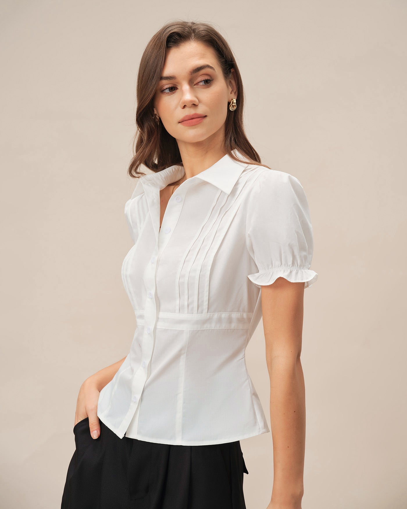 White Blouse with Puffed Sleeves and Collar