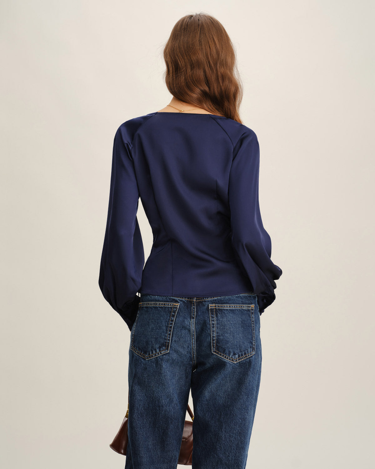 Navy Satin V-Neck Ruched Top