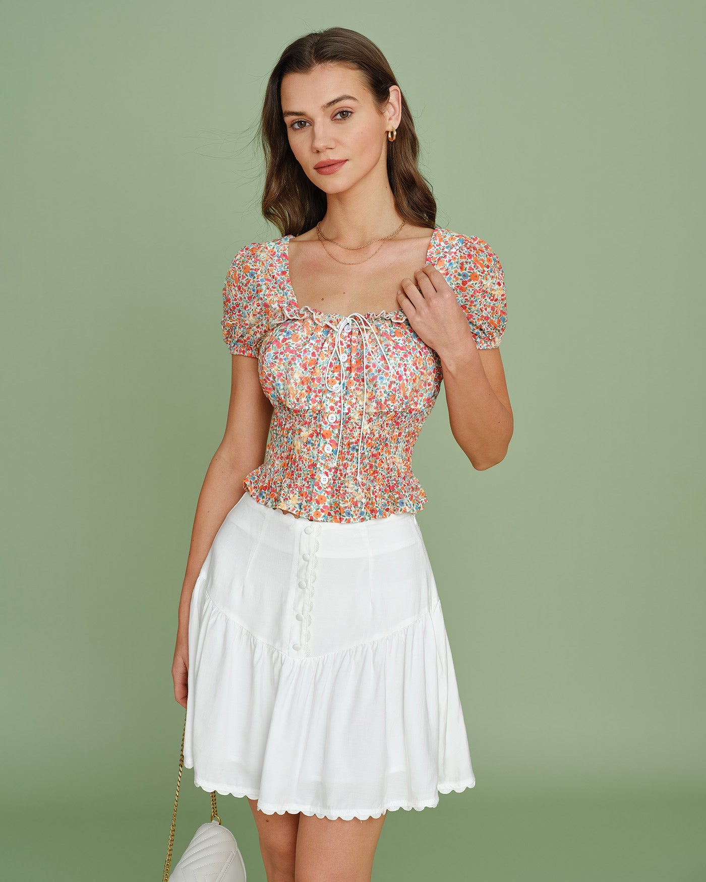 Floral Print Square Neck Blouse with Puffed Sleeves