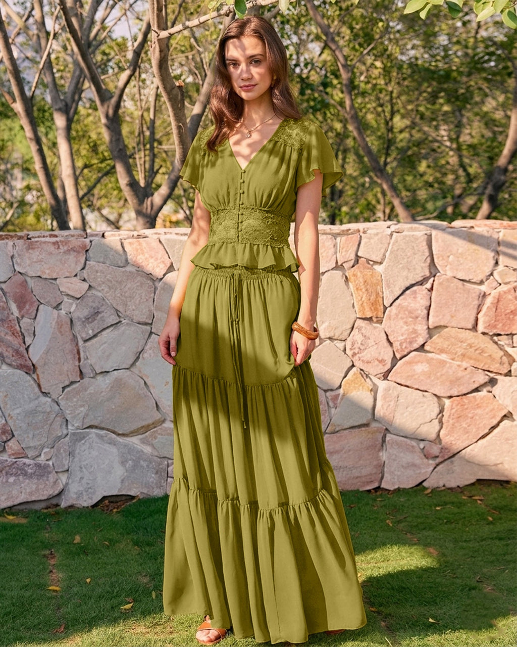 Ruched V-Neck Blouse in Green
