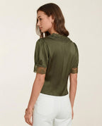 Green Lace Blouse with V-Neck and Puffed Sleeves