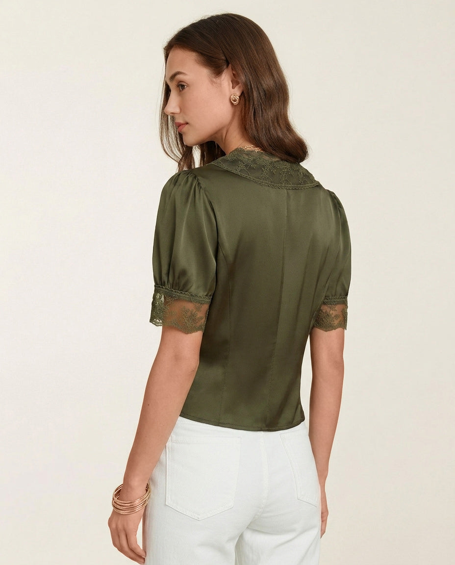 Green Lace Blouse with V-Neck and Puffed Sleeves