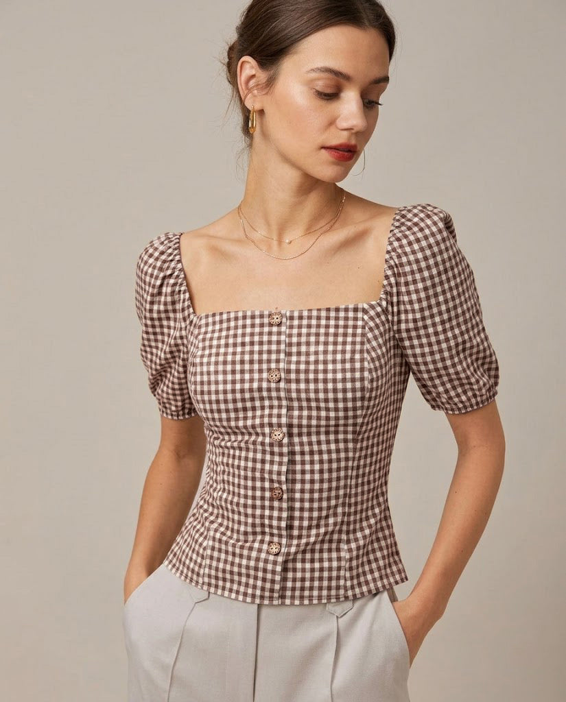 Plaid Blouse with Puffed Sleeves and Square Neck in Brown