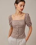 Plaid Blouse with Puffed Sleeves and Square Neck in Brown