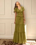 Ruched V-Neck Blouse in Green