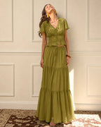 Ruched V-Neck Blouse in Green