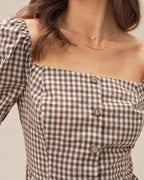 Plaid Blouse with Puffed Sleeves and Square Neck in Brown