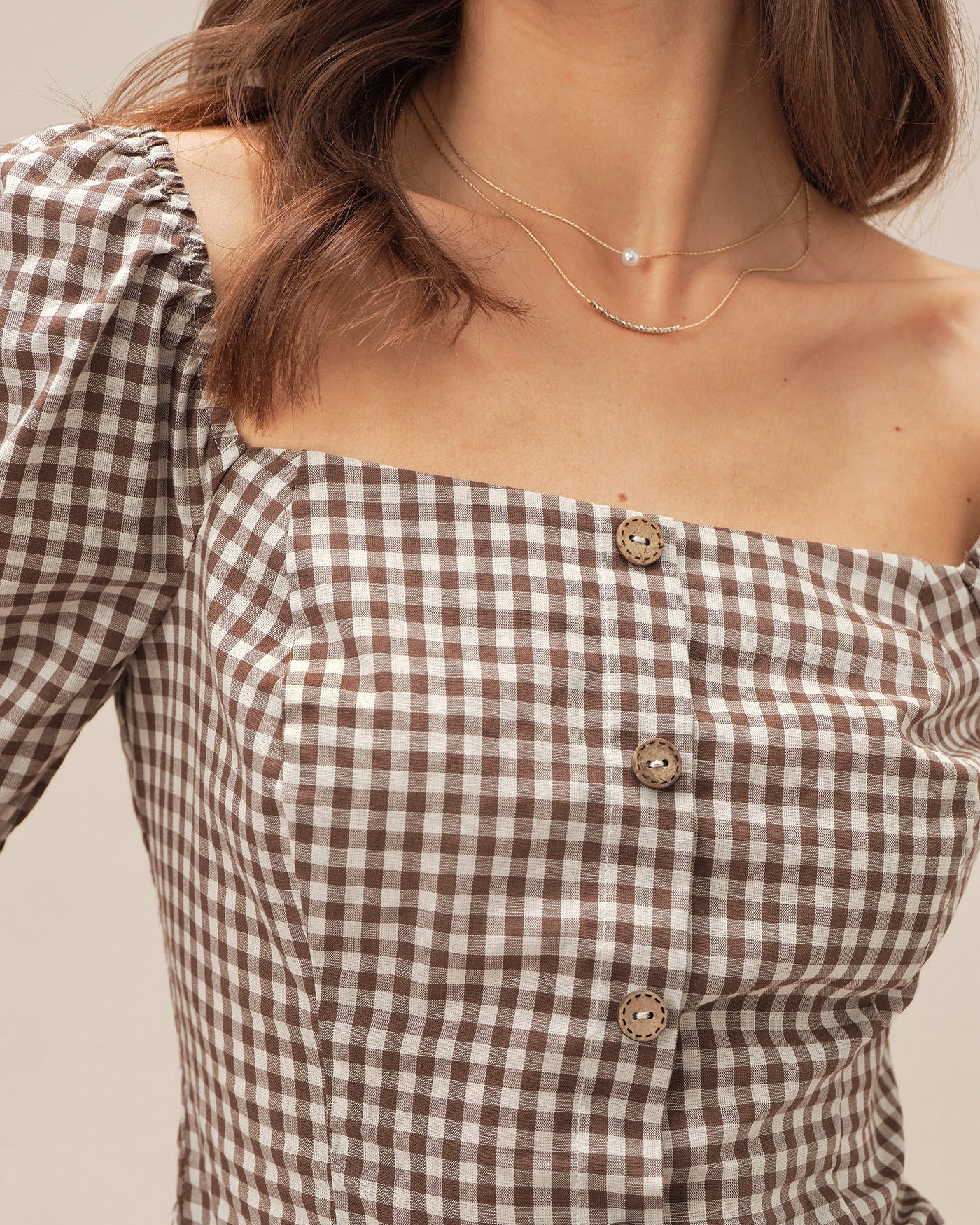 Plaid Blouse with Puffed Sleeves and Square Neck in Brown