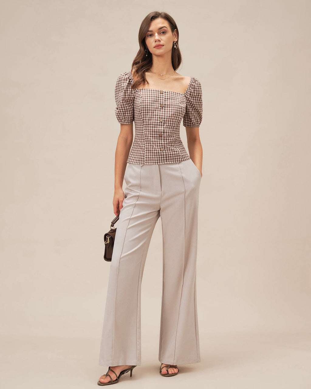 Plaid Blouse with Puffed Sleeves and Square Neck in Brown