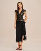 Black Lace Button Blouse with V-Neck
