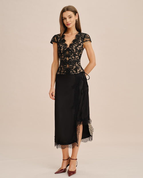 Black Lace Button Blouse with V-Neck