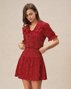 Polka Dot Collar Blouse with Red Puffed Sleeves