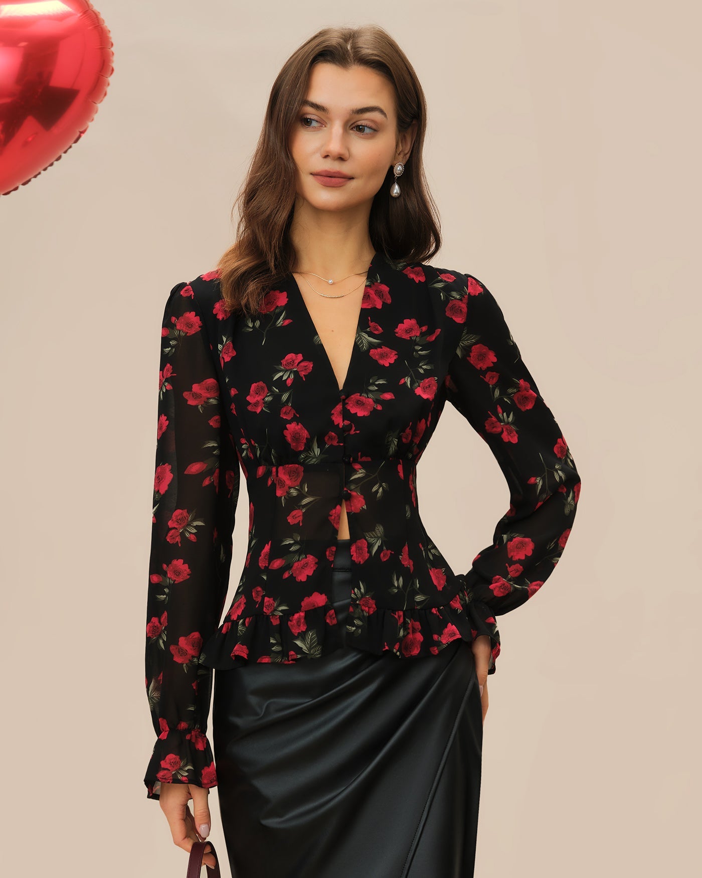 V-Neck Blouse with Black Floral Print
