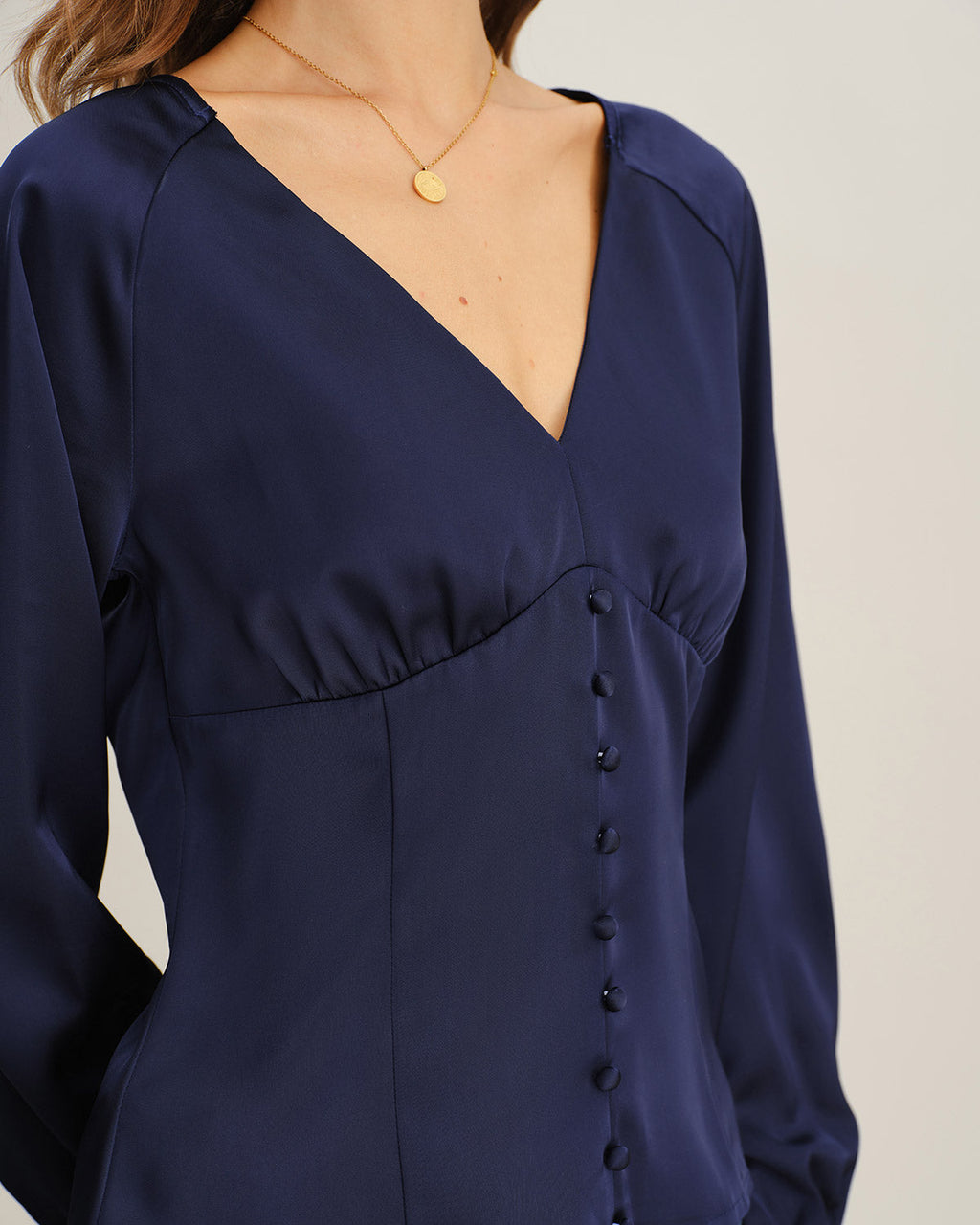 Navy Satin V-Neck Ruched Top