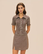 Brown Plaid Blouse with Button Collar