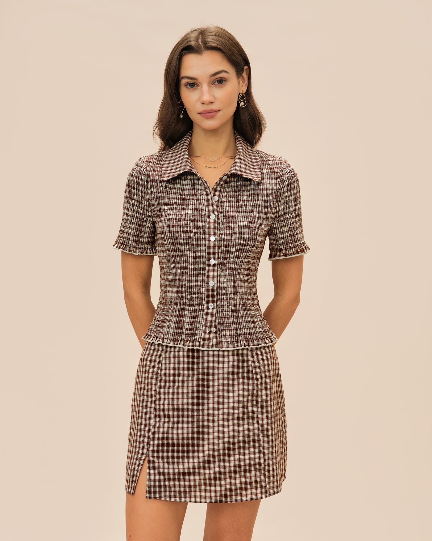 Brown Plaid Blouse with Button Collar