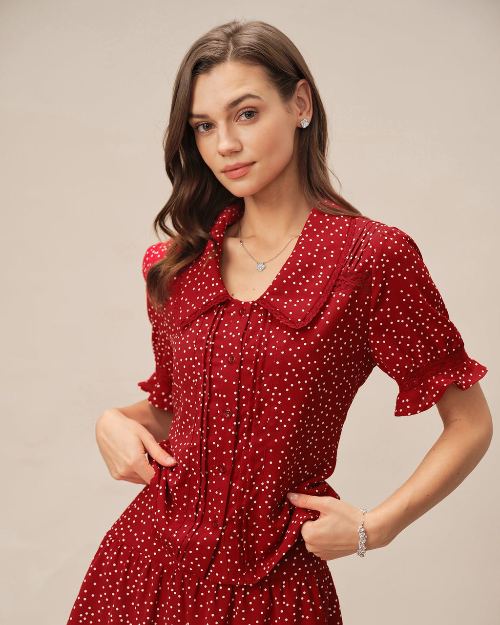 Polka Dot Collar Blouse with Red Puffed Sleeves