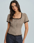 Plaid Square Neck Blouse in Coffee
