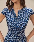 Floral Print Cap Sleeve Button-Up Blouse in Blue