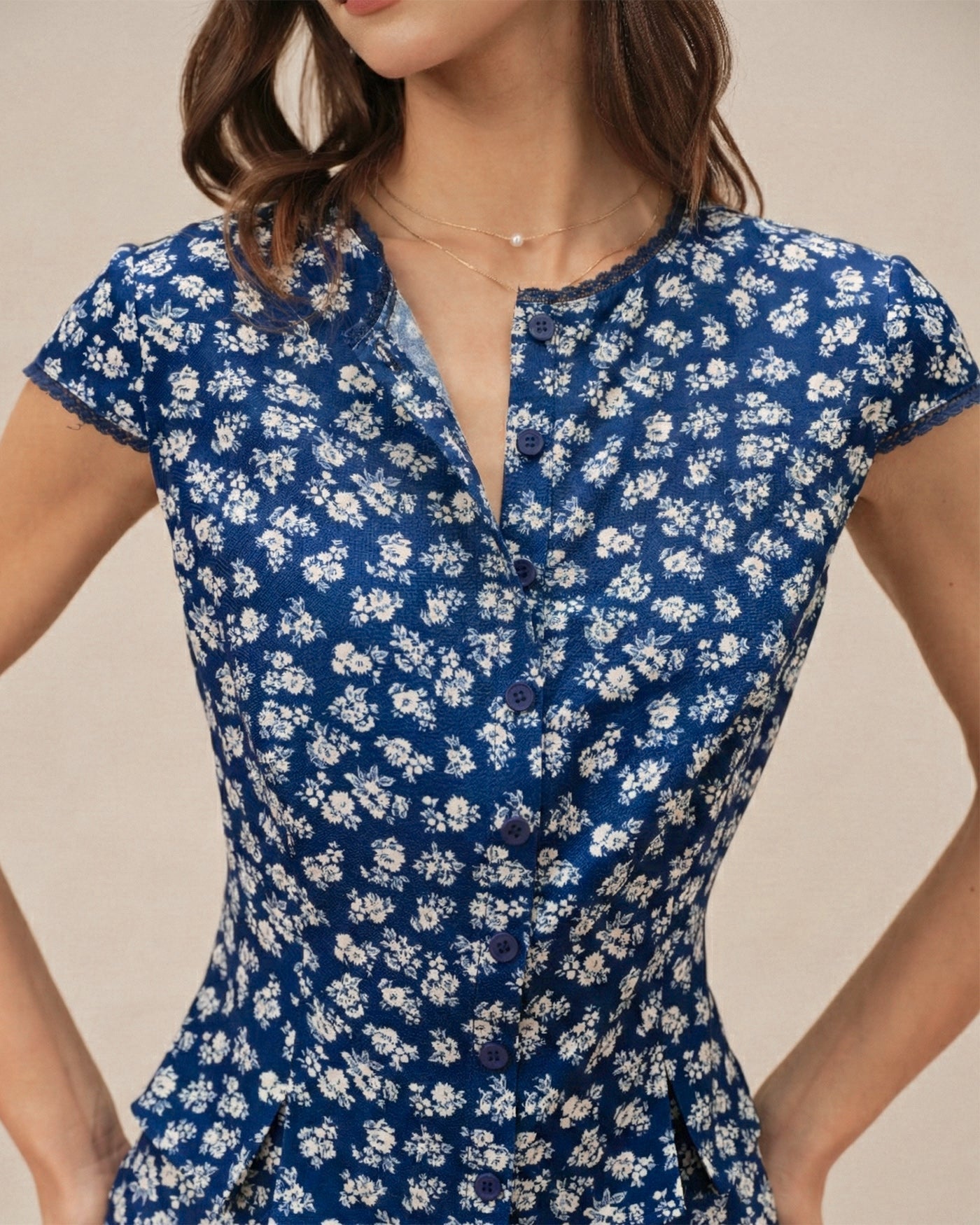 Floral Print Cap Sleeve Button-Up Blouse in Blue