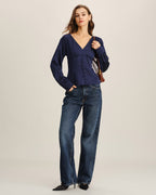 Navy Satin V-Neck Ruched Top