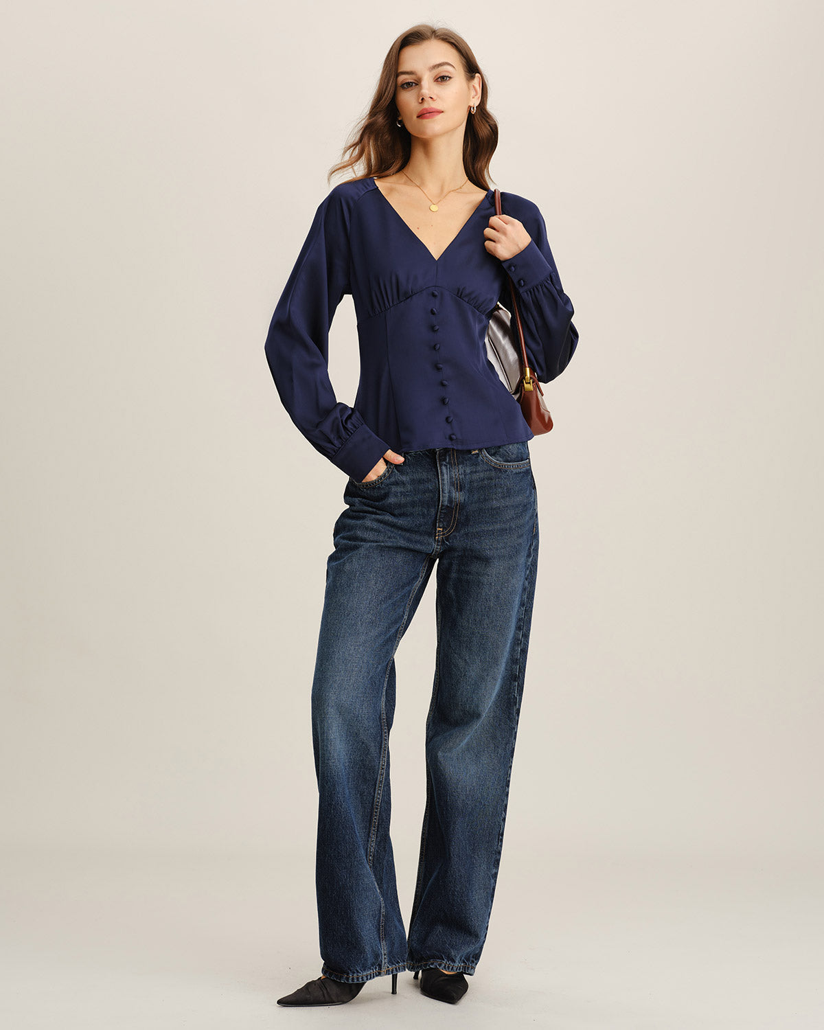 Navy Satin V-Neck Ruched Top