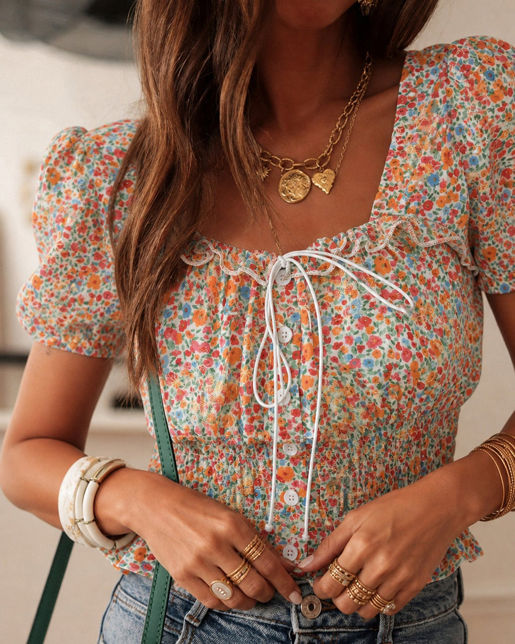 Floral Print Square Neck Blouse with Puffed Sleeves