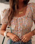 Floral Print Square Neck Blouse with Puffed Sleeves
