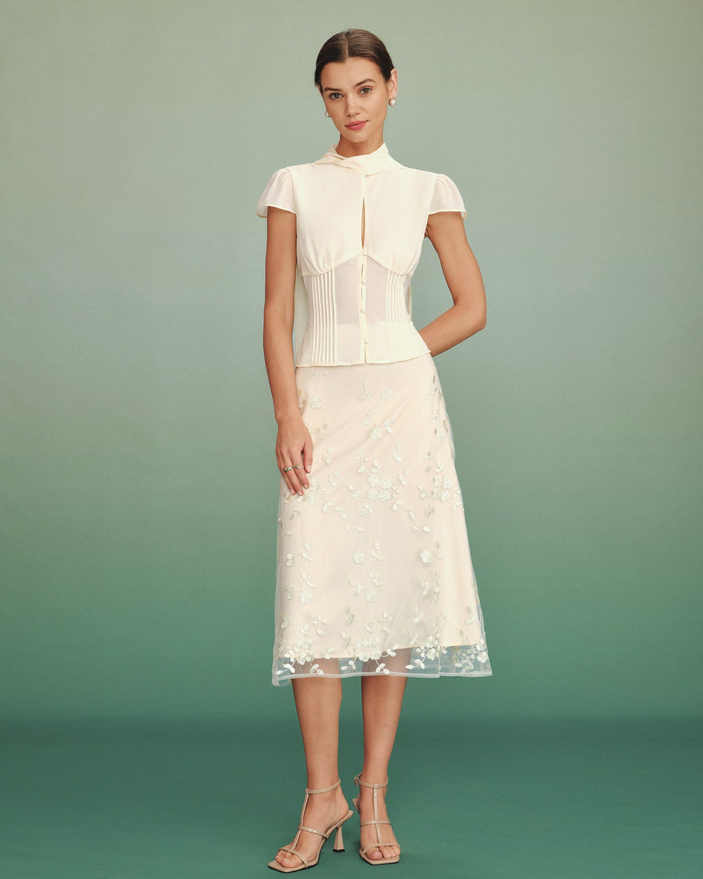 Apricot Chiffon Blouse with Mock Neck and Button Detail