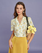 Floral Blouse with Puffed Sleeves and Yellow Collar